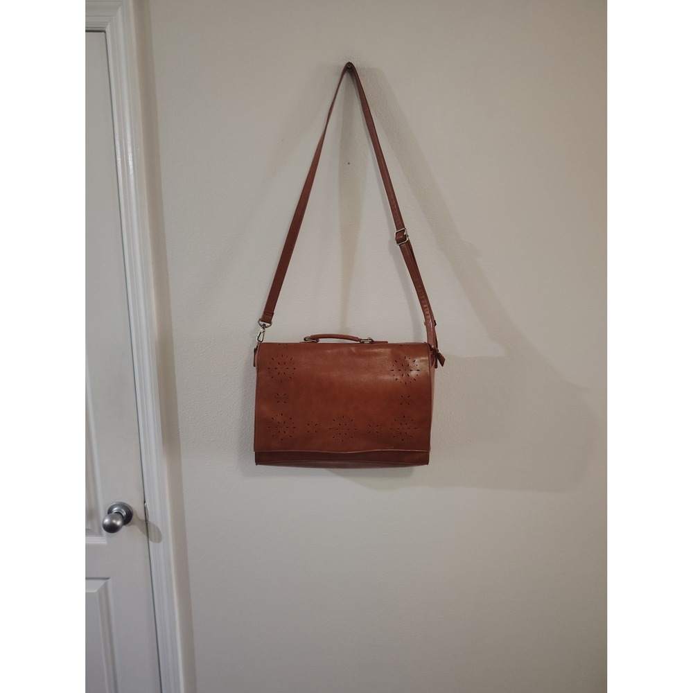 Ecosusi Vegan Leather Messenger Bag Laptop Briefcase Brown Floral‎ Perforated